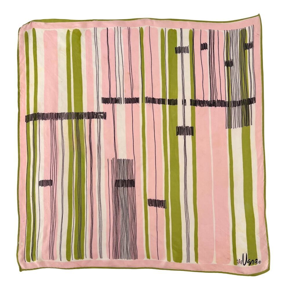60s Vintage Vera Neumann Scarf Pale Pink & Avocado Green Geometric Design